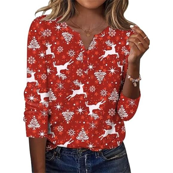 V-Neck Henley Long Sleeve Top | Flowy Casual & Dressy Blouse - Picture 6 of 6